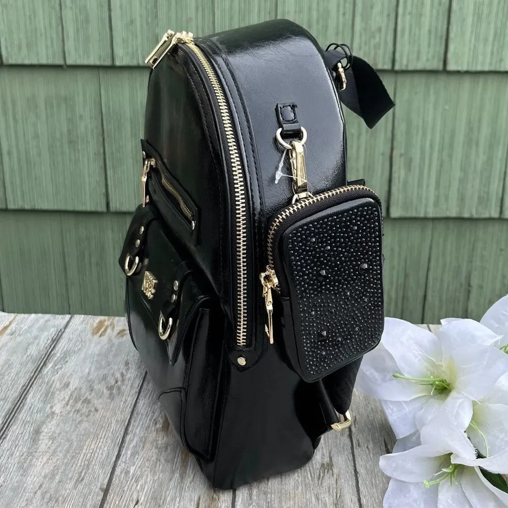 Madden NYC Black Faux Leather Mini Backpack with Gold Hardware